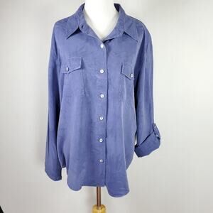 Chico's Design Sz 3 Blue Silk Button Down Blouse Top Long Roll Tab Chicos XL 16